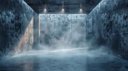 Foggy industrial space with dramatic lighting during early evening hours