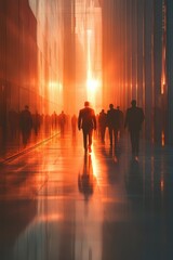 Business Professionals Walking in Modern Glass Corridor at Sunset with Reflective Surfaces and Warm Lighting