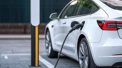 Fototapeta premium Electric car charging at a sleek modern station, symbolizing clean energy and future transportation, eco-conscious lifestyle