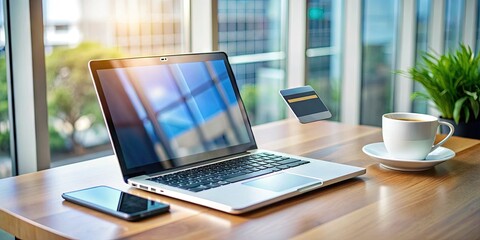 Fototapeta premium Mobile device and credit card on desk with laptop screen displaying digital banking interface, illustrating online financial management and e-commerce transactions.
