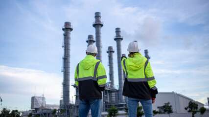 Engineers wearing safety gear, including hard hats examining survey a large blueprint tablet standing industrial facility gas or oil refinery engaged in a job requires high safety standards concept.