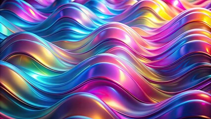 Obraz premium Vibrant pastel color waves undulate across a mesmerizing holographic neon background, evoking a sense of futuristic psychedelia in this stunning, abstract design element.