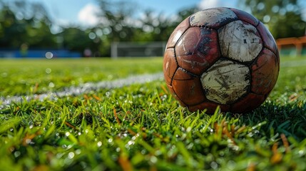 Close-up of a weathered soccer ball resting on a wet grass field during a sunny afternoon at a local sports complex