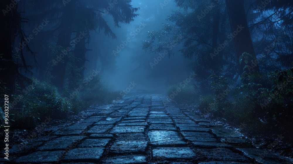 Poster mysterious cobblestone path through a foggy forest at dusk