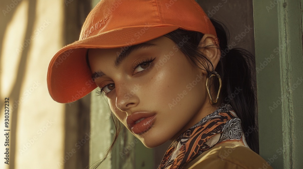 Wall mural A young woman poses thoughtfully indoors, wearing an orange cap and a stylish scarf, illuminated by soft, warm light.