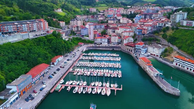 Aerial view from a drone of the surroundings of the village of Motrico (Mutricu in Basque) in the Lower Deva in the province of Guip&uacute;zcoa. Basque Country. Spain. Europe
