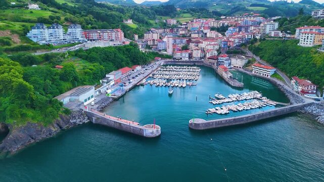 Aerial view from a drone of the surroundings of the village of Motrico (Mutricu in Basque) in the Lower Deva in the province of Guip&uacute;zcoa. Basque Country. Spain. Europe
