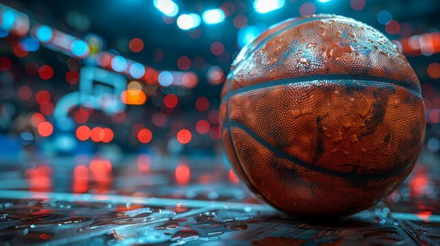 A wet basketball rests on the court during an exciting game night in a packed arena