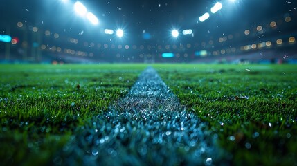 A rainy night at the soccer stadium with bright floodlights illuminating the wet grass field