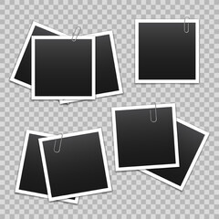 Vector blank photo frames with silver metal paper clip and shadow isolated on transparent background. Template mockup photo design.