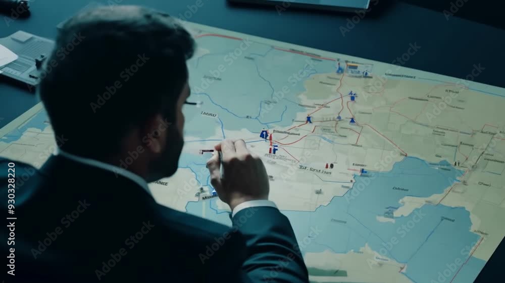 Aufkleber commander studying a tactical map in a military command center generative ai