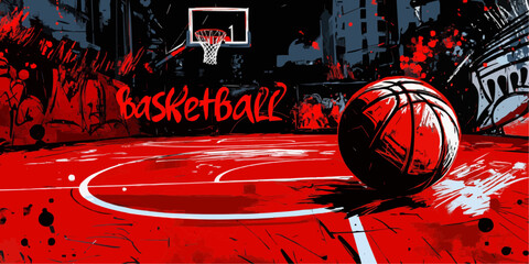 Basketball Floor Graffiti Doodle Art - Red Background