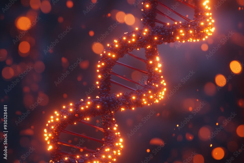 Poster glowing dna strand wrapped in fiery lights illustrating the dynamic nature of genetic coding
