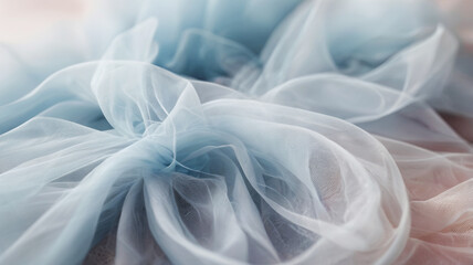 Fototapeta premium Light airy light pale blue fabric background made of organza or tulle with beautiful folds, fabric texture with waves