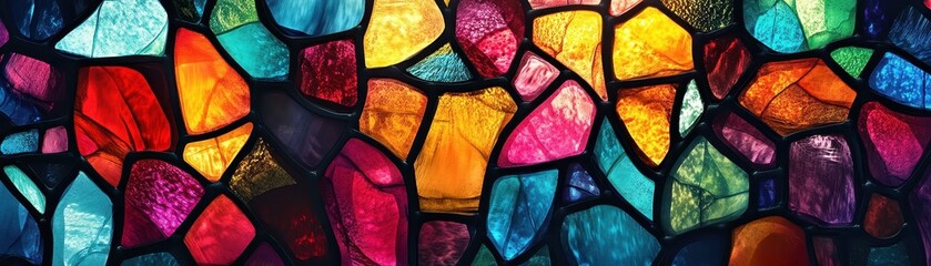 Vibrant Stained Glass Mosaic with Colorful Abstract Patterns and Illuminated Textures