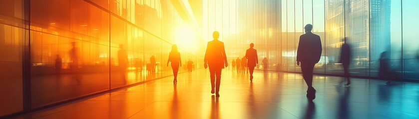 Business Professionals Walking in Modern Office Building at Sunset with Motion Blur Effect