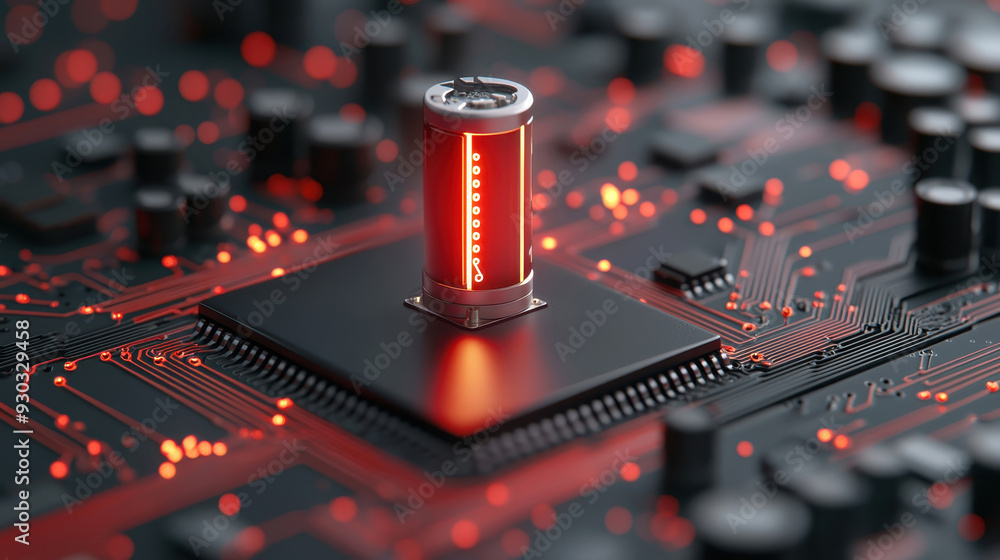 Poster close-up of a futuristic processor with glowing red circuitry, showcasing advanced technology and in