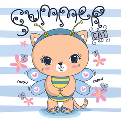 Cute little cat in bee costume on blue striped background illustration vector, Design for kids print.