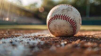 A close-up of a worn baseball resting on the infield dirt during late afternoon at a local baseball diamond