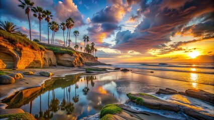 Dramatic sunset casts warm glow on palm-lined coastline, tide pools, and abstract rock formations at secluded Swamis Reef Surf Park in Encinitas, California.