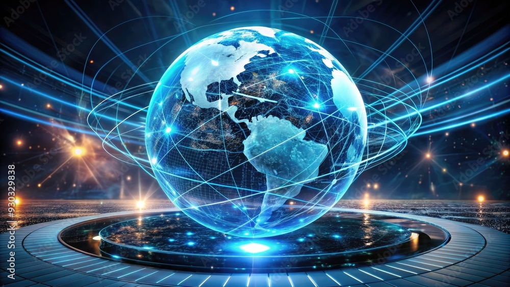 Poster futuristic virtual screen interface displays globe with wireless devices connecting worldwide, symbo
