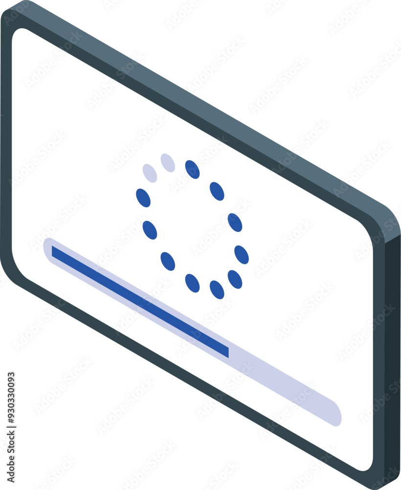 Poster isometric smartphone with loading bar and spinning circle animation on its screen