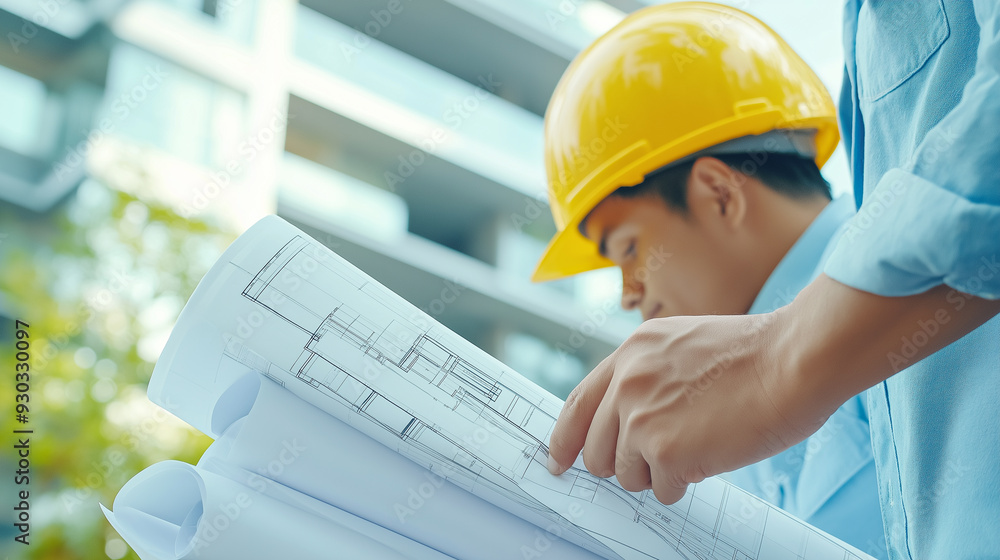 Poster smart civil architect engineer inspecting and working outdoors building side with blueprints. engine
