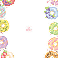 Set of sweet doughnut bread frame background pastry sweet dessert snack cafe food in colorful cream icing topping