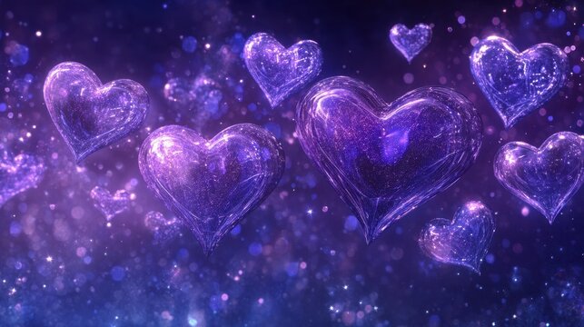 A dreamy background featuring glowing purple hearts against a starry backdrop.