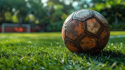 Fototapeta premium An old soccer ball rests on lush green grass in an outdoor field during a sunny day