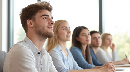 Obraz premium Smiling business people listening in conference room meeting 