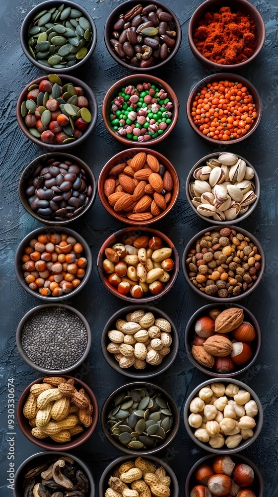 Poster assorted nuts and seeds arranged in pleasing pattern healthy food concept with copy space