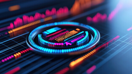 Futuristic digital data visualization with glowing graphs and charts in a circular interface on a dark background.