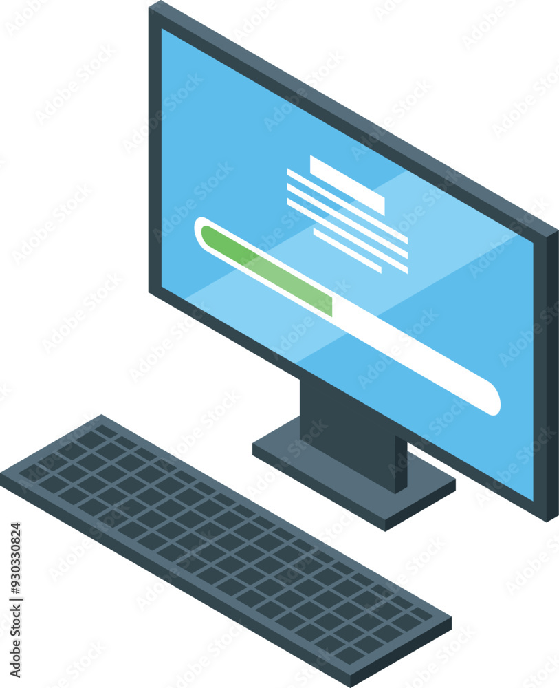 Poster isometric computer monitor displaying software update progress bar installing