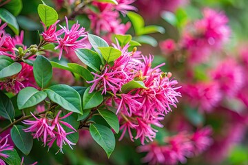 Obraz premium Delicate pink flowers of Loropetalum chinense, or Chinese Fringe tree, bloom amidst lush green leaves, with soft focus background, capturing spring's gentle beauty in the garden.