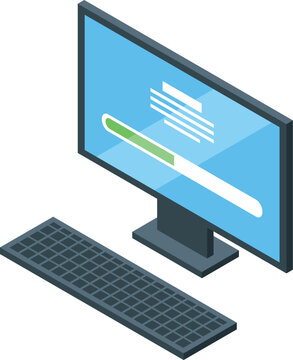 Isometric computer monitor displaying software update progress bar installing