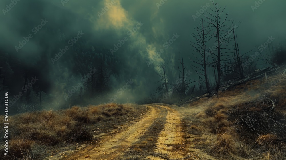 Poster misty dirt road through a forest with sparse trees on a cloudy day
