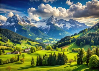 Obraz premium Serene alpine landscape featuring majestic snow-capped mountains towering above lush green valleys, meadows, and rolling hills under a vivid blue sky with fluffy white clouds.