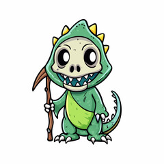 A hand drawing, cute Grim Reaper dino  art vector illustration