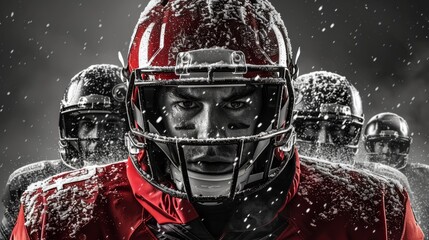 Fototapeta premium Football players in a dramatic snowy setting preparing for a game at night