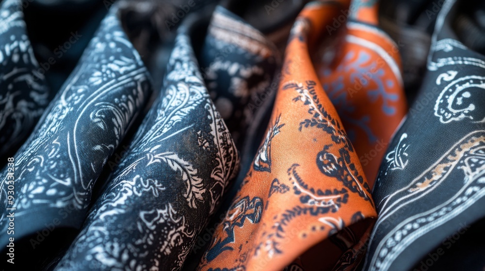 Poster a selection of vibrant bandanas with intricate patterns hangs neatly on a display, showcasing a mix 