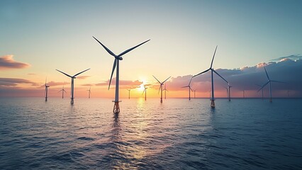 Majestic Offshore Wind Farm with Large Turbines Against a Clear Blue Sky and Expansive Ocean - Sustainable Electric Energy