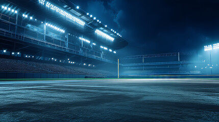 A nighttime view of a baseball stadium as seen from the bleachers, with the field illuminated under the stadium lights.