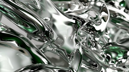Abstract background with liquid metal texture. Contemporary metallic silver and green dynamic backdrop