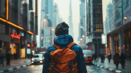 A man wearing a backpack is leisurely walking down a busy city street