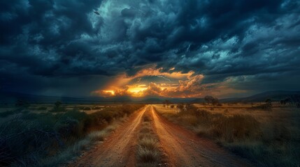 A dirt road leading toward a dramatic sunset over a vast landscape with dark clouds