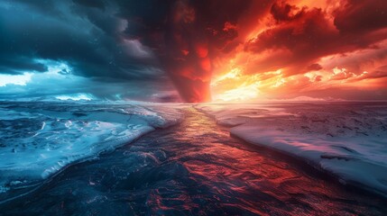 Fototapeta premium Dramatic sunrise over icy waters with vibrant orange and blue clouds at a coastal landscape
