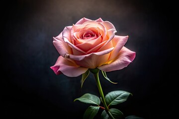 A solitary, delicate pink rose blooms against a dramatic black backdrop, its soft petals and golden center radiant in stark contrast to the dark surroundings.