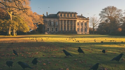 Manor House with Autumnal Glow and Crow Flock
