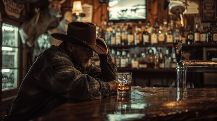 Obraz premium A man in a cowboy hat is at a bar with a glass of whiskey